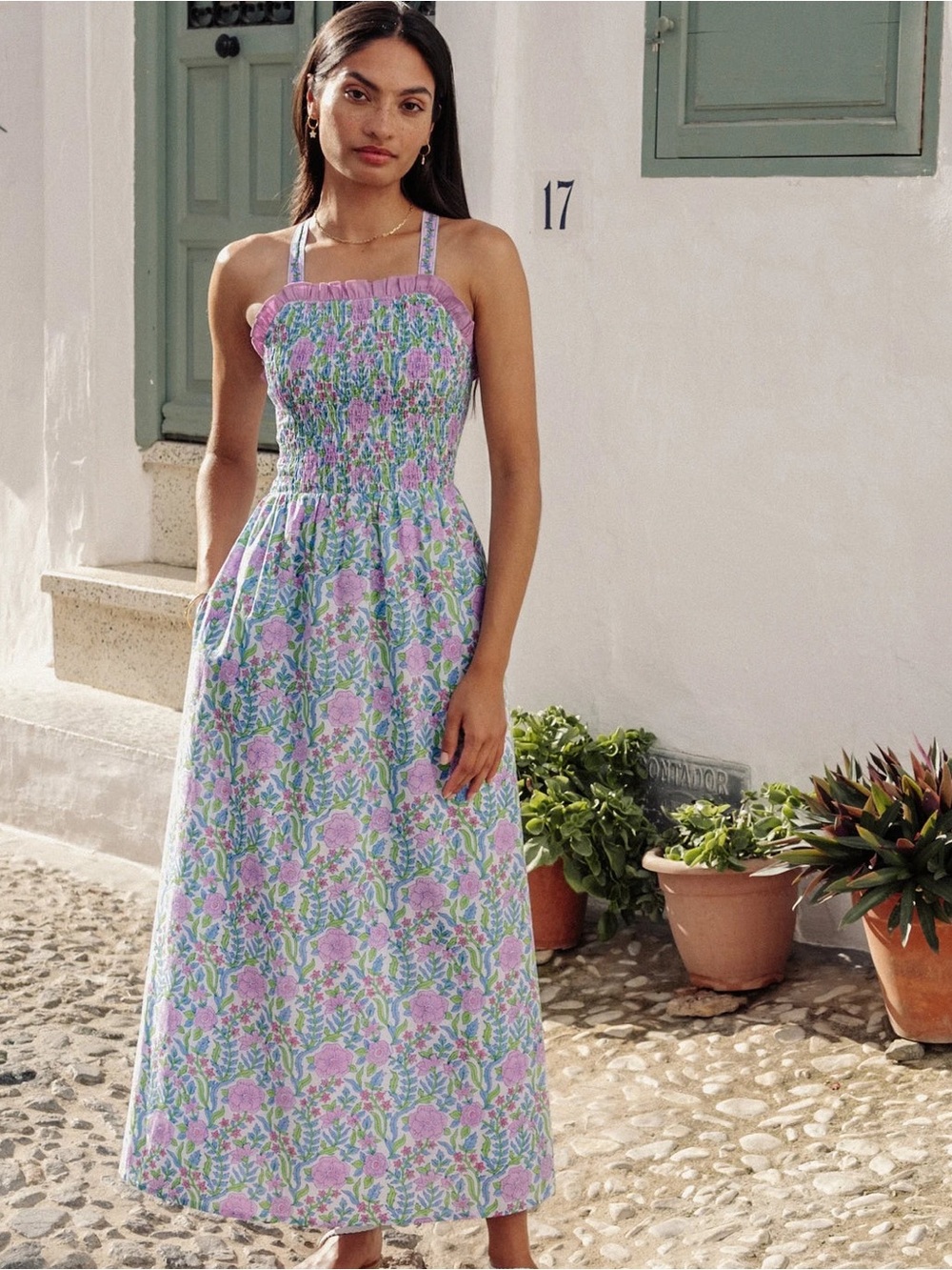 Backless Lavender Floral Smocked Maxi Dress